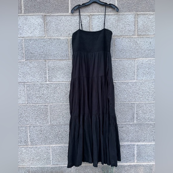 American Eagle XL Black Smocked Tiered Maxi Dress Lined Spaghetti Straps Pockets - Picture 3 of 15
